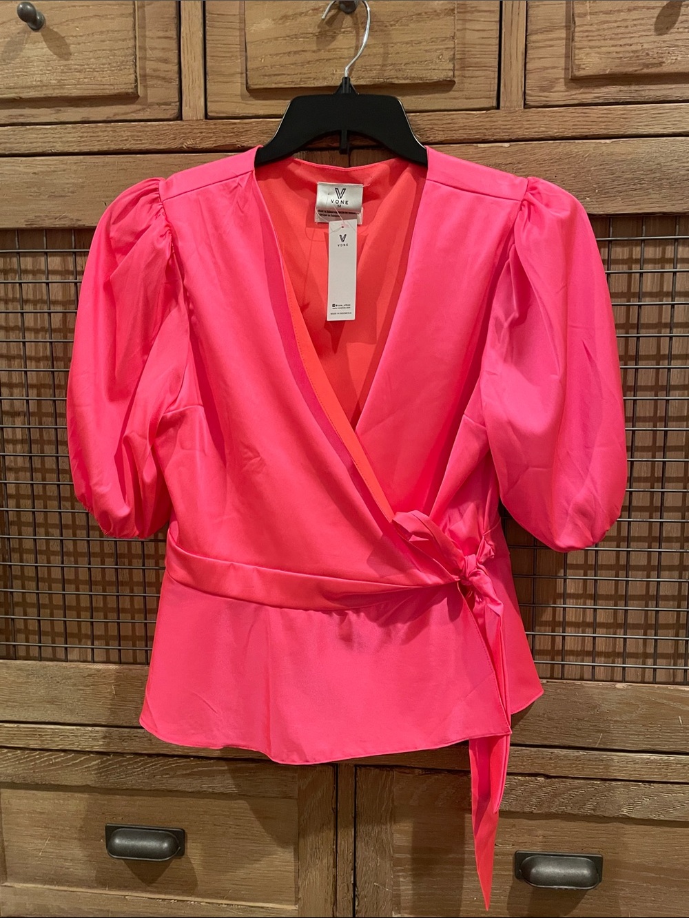 Hot Pink Puff-Sleeve Wrap Top size M NWT